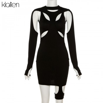 Women Spring Casual High Street Stretch Slim Hollow Out Sexy Mini Bodycon Dresses 2021 New Simple Solid Black 